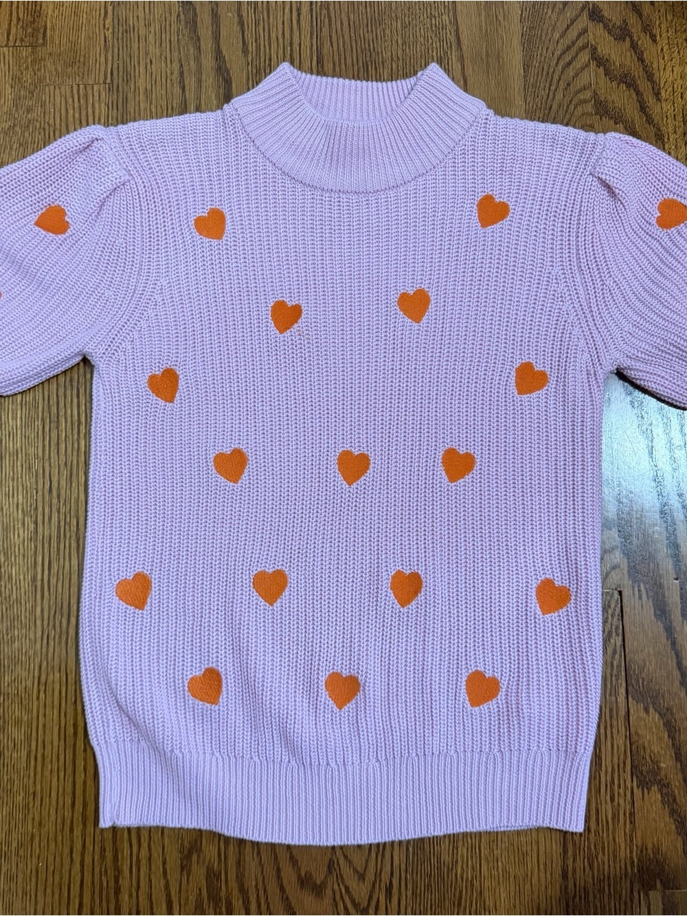 Karli Pink Embroidered Hearts Short Sleeve Sweater Size Small